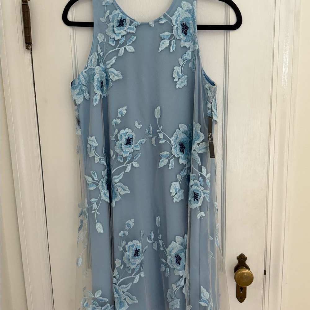 New York & Company Light Blue Tulle Embroidered Dress